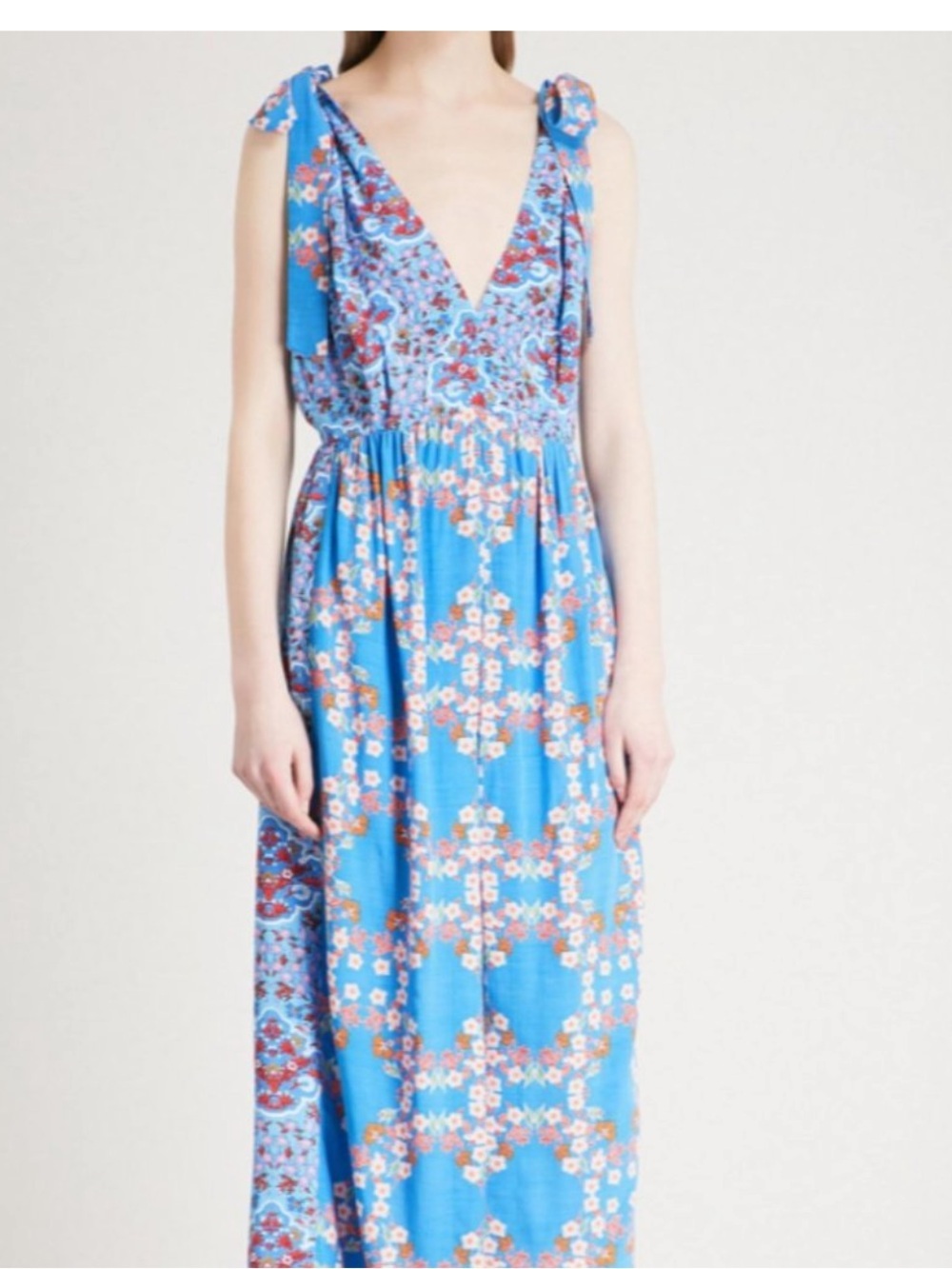 Sandro Paris Floral Plunging Neckline Maxi Dress Blue Pink